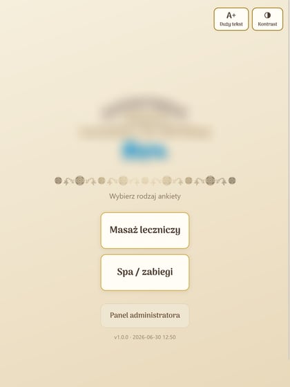 Ekran wyboru rodzaju ankiety: logo pensjonatu zasłonięte, dwa duże przyciski „Masaż leczniczy” i „Spa / zabiegi”, pod nimi wejście do panelu administratora; w prawym górnym rogu przełączniki „A+ Duży tekst” i „Kontrast”