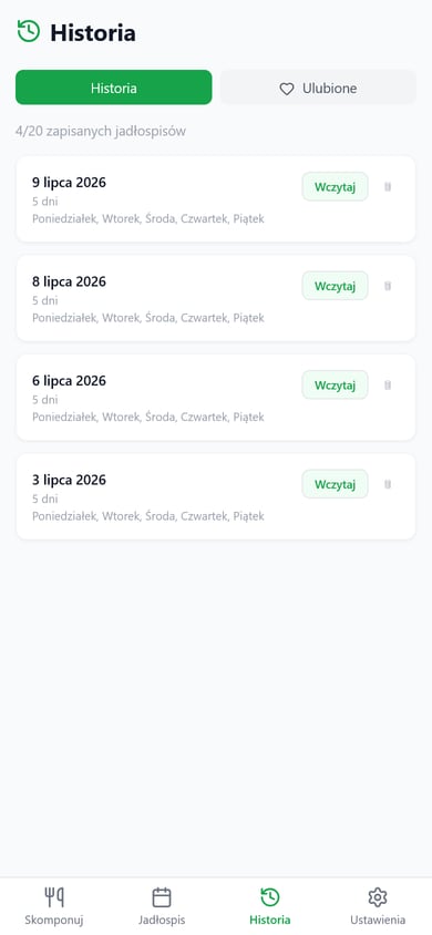 Historia: licznik „4/20 zapisanych jadłospisów” i cztery karty z datami, każda z zakresem dni i przyciskiem „Wczytaj”