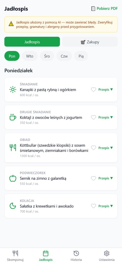 Ekran jadłospisu na dany dzień w aplikacji Smakowity Plan