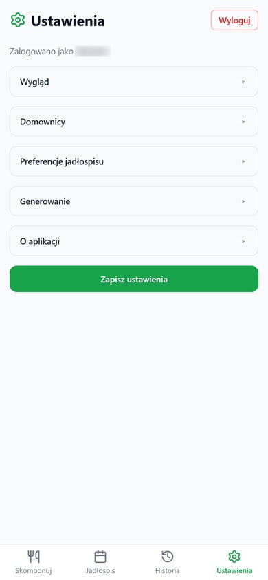 Ustawienia: nagłówek z przyciskiem „Wyloguj”, wiersz „Zalogowano jako” z zasłoniętym imieniem oraz sekcje Wygląd, Domownicy, Preferencje jadłospisu, Generowanie i O aplikacji