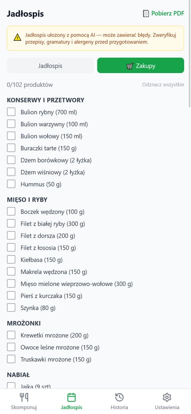 Lista zakupów z licznikiem „0/102 produktów”, podzielona na sekcje „Konserwy i przetwory”, „Mięso i ryby”, „Mrożonki” i „Nabiał”; każda pozycja z gramaturą i polem wyboru